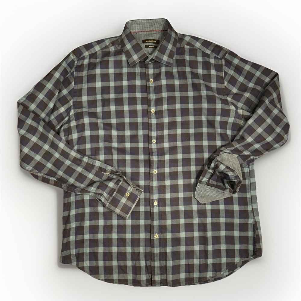 Bugatchi Shirt Mens 17 Large Blue Plaid Button Down Shaped Fit‎ Cotton Flip Cuff